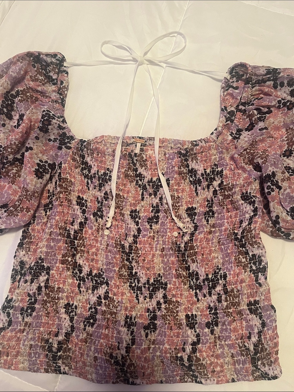Free People Smocked Square-Neck Women’s Top in Lavender Floral NWOT Size Medium